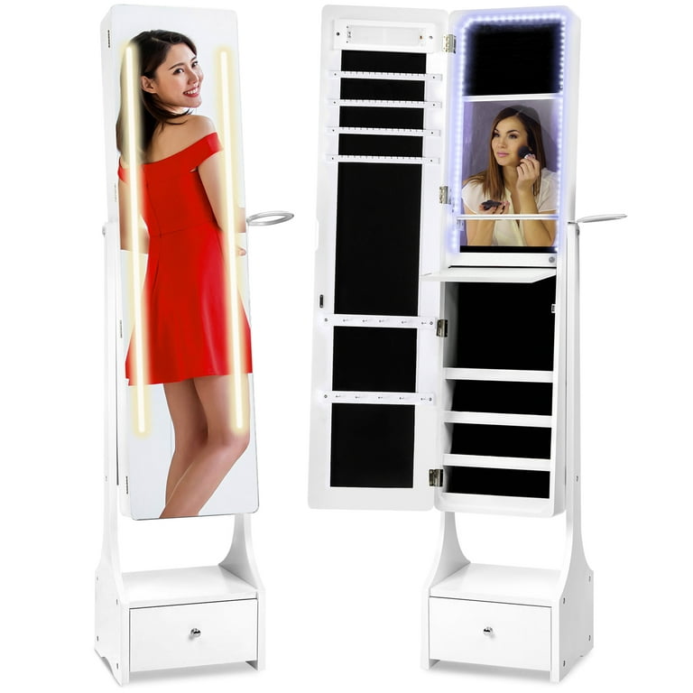 Best Choice Products Full Length LED Mirrored Jewelry Storage Organizer Cabinet with Interior & Exterior Lights - White