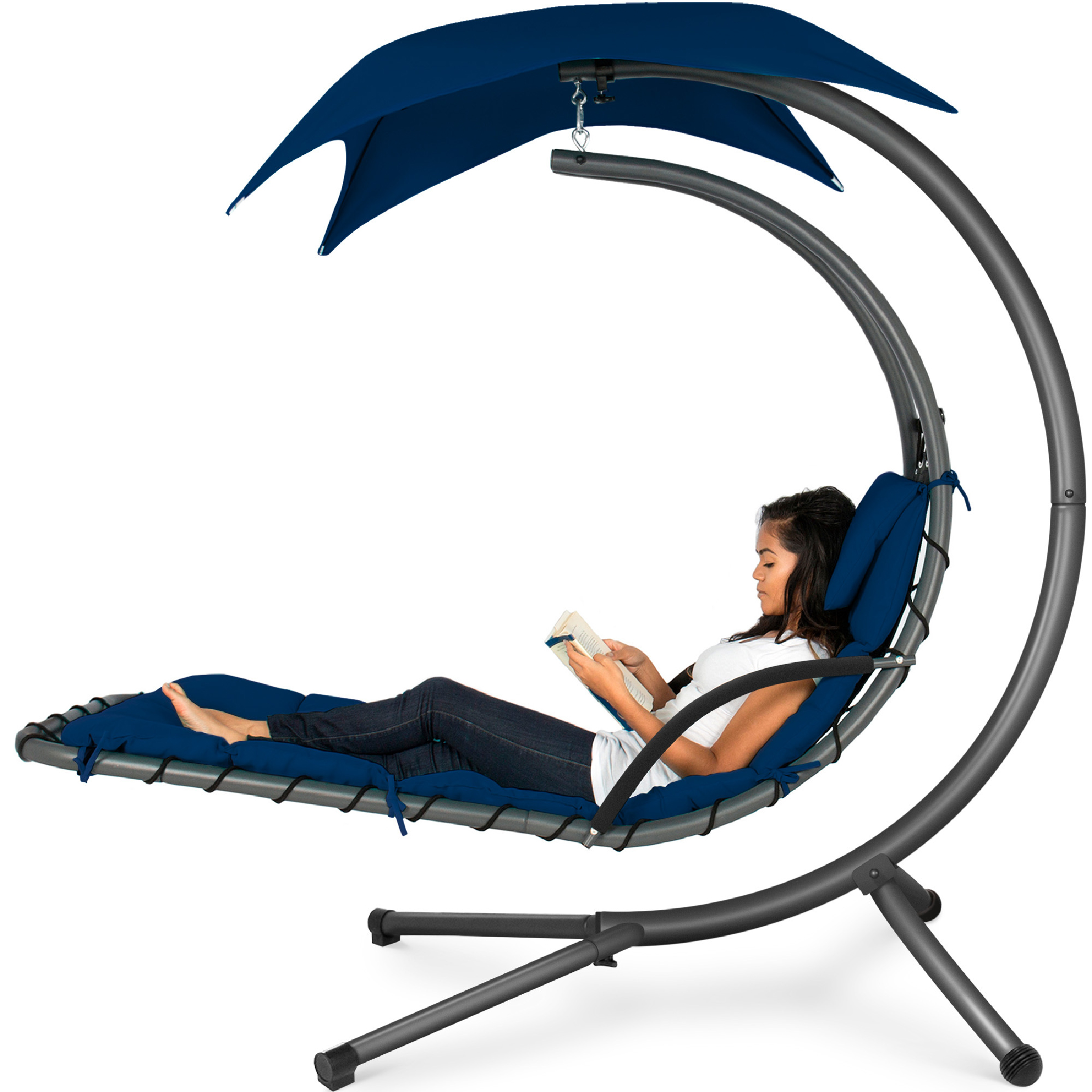 Best Choice Products Hanging Curved Chaise Lounge Chair Swing for Backyard, Patio w/ Pillow, Shade, Stand - Navy Blue - image 1 of 8