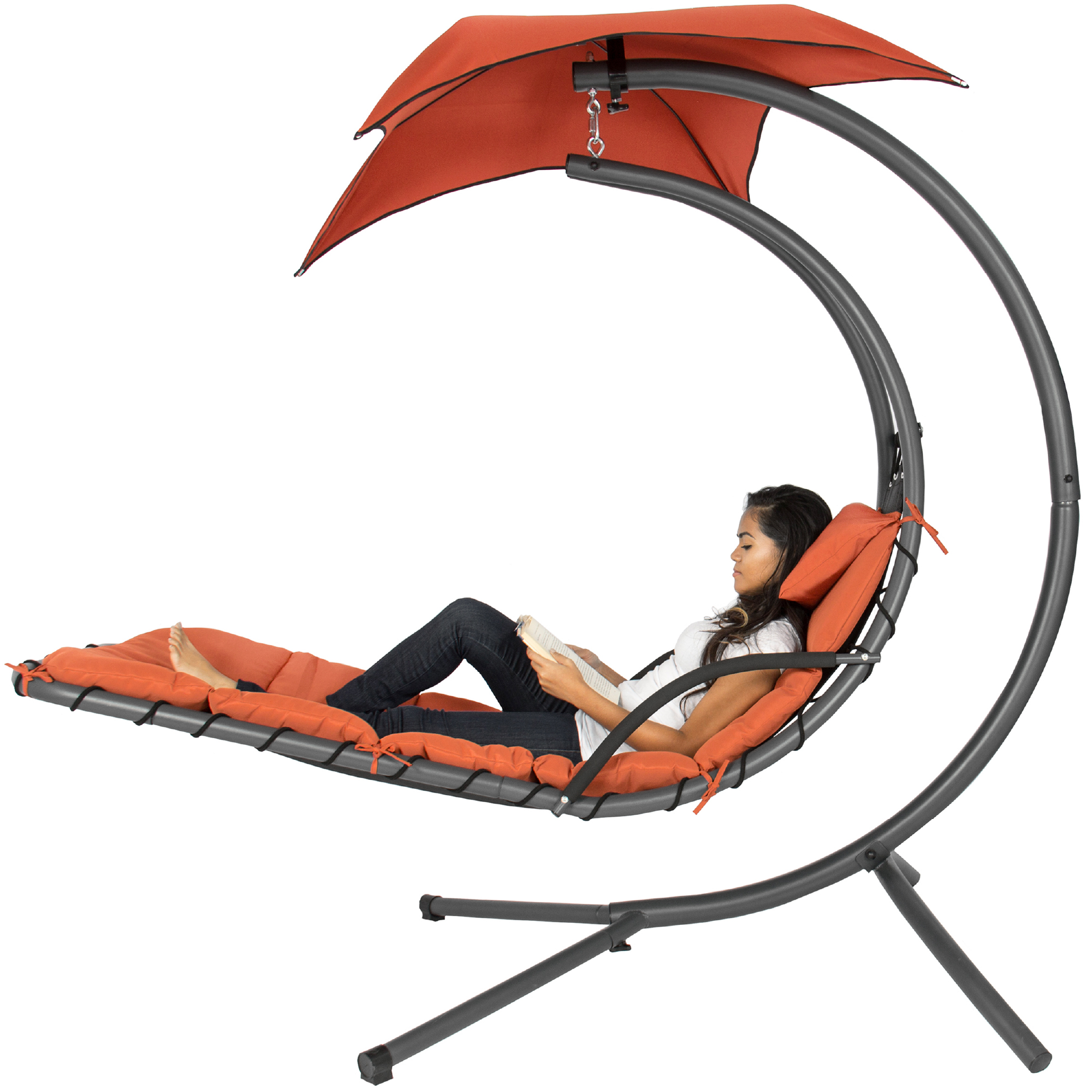 Best Choice Products Hanging Curved Chaise Lounge Chair Swing for Backyard, Patio w/ Pillow, Shade, Stand - Orange - image 1 of 8