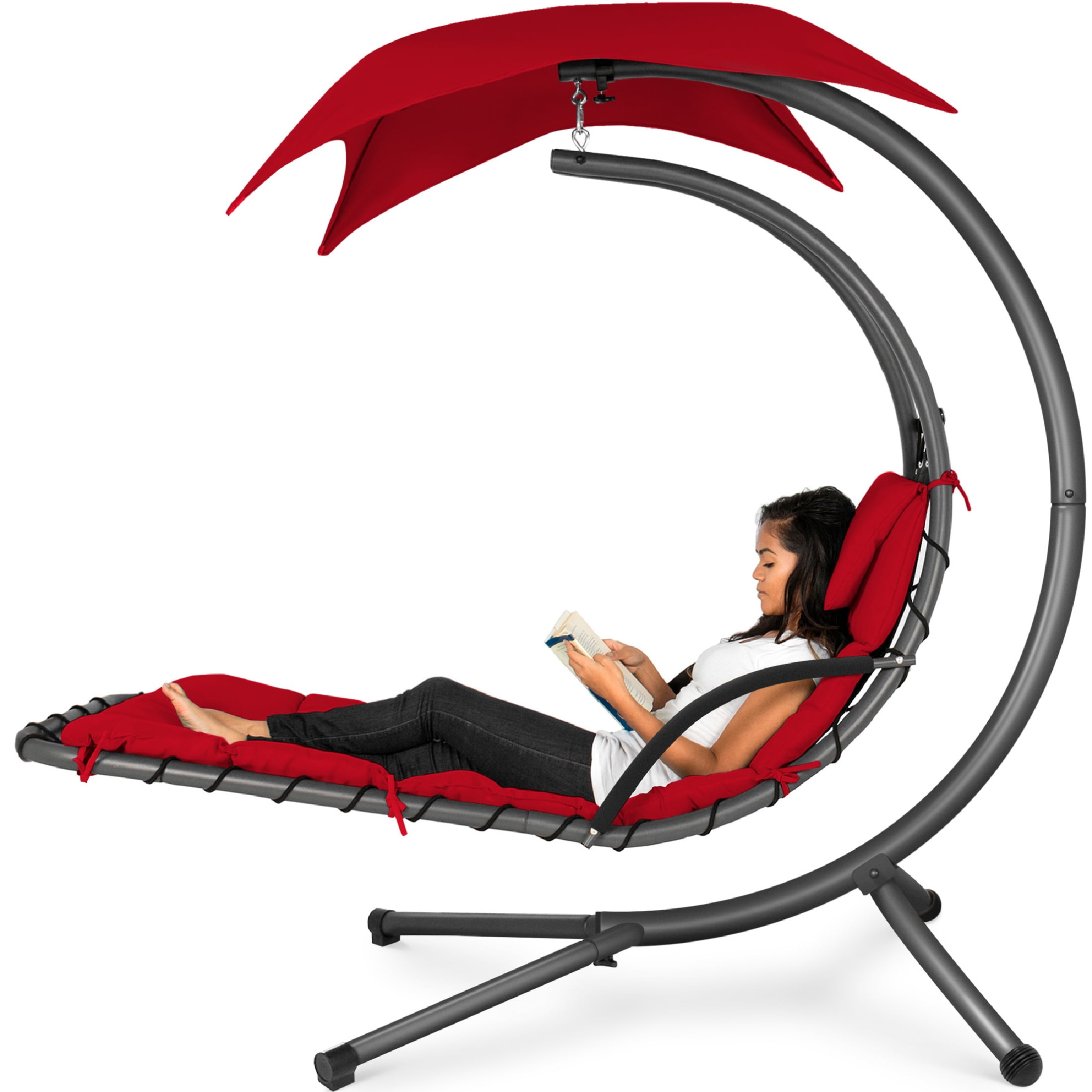 Red Hanging Curved Chaise Lounger with Cushions and Canopy
