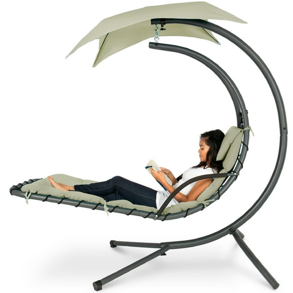 Best Choice Products Hanging Curved Chaise Lounge Chair Swing for Backyard, Patio w/ Pillow, Shade, Stand - Sage