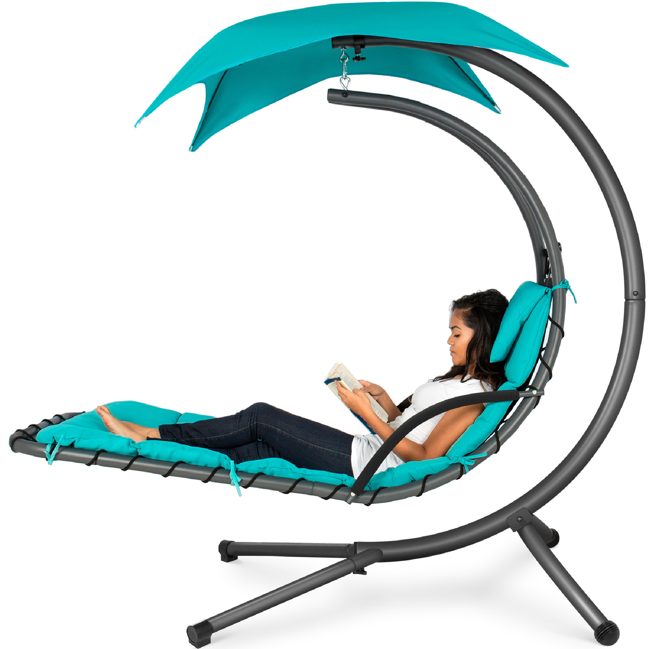Best Choice Products Hanging Curved Chaise Lounge Chair Swing for Backyard, Patio w/ Pillow, Shade, Stand - Teal - image 1 of 8