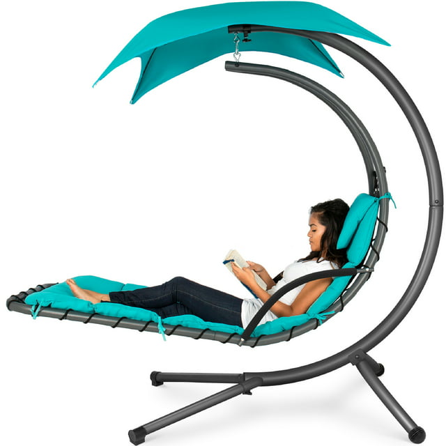 Best Choice Products Hanging Curved Chaise Lounge Chair Swing for Backyard, Patio w/ Pillow, Shade, Stand - Teal