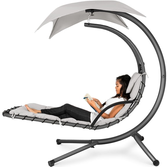 Best Choice Products Hanging Curved Chaise Lounge Chair Swing w/ Pillow, Shade, Stand - White Sand