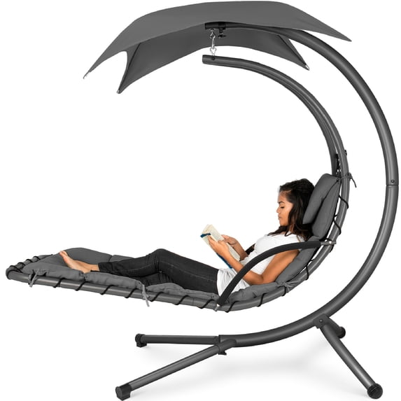 Best Choice Products Hanging Curved Chaise Lounge Chair Swing w/ Pillow, Shade, Stand - Charcoal Gray