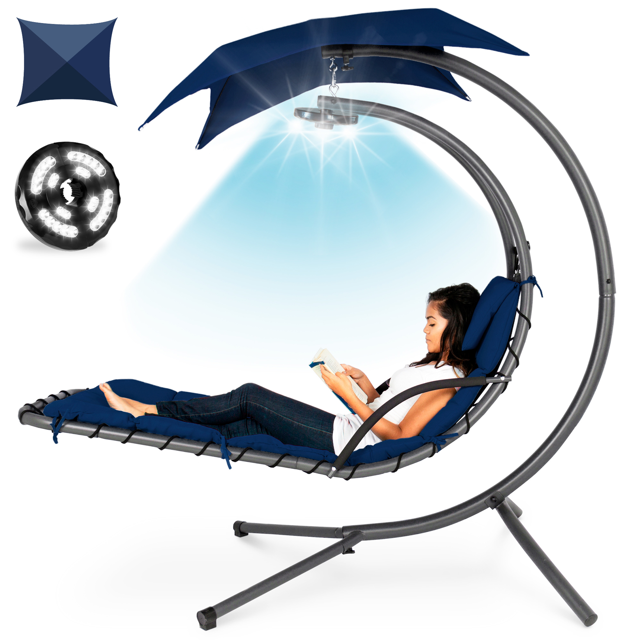 Best Choice Products Hanging LED-Lit Curved Chaise Lounge Chair for Backyard, Patio w/ Pillow, Canopy, Stand - Navy - image 1 of 7