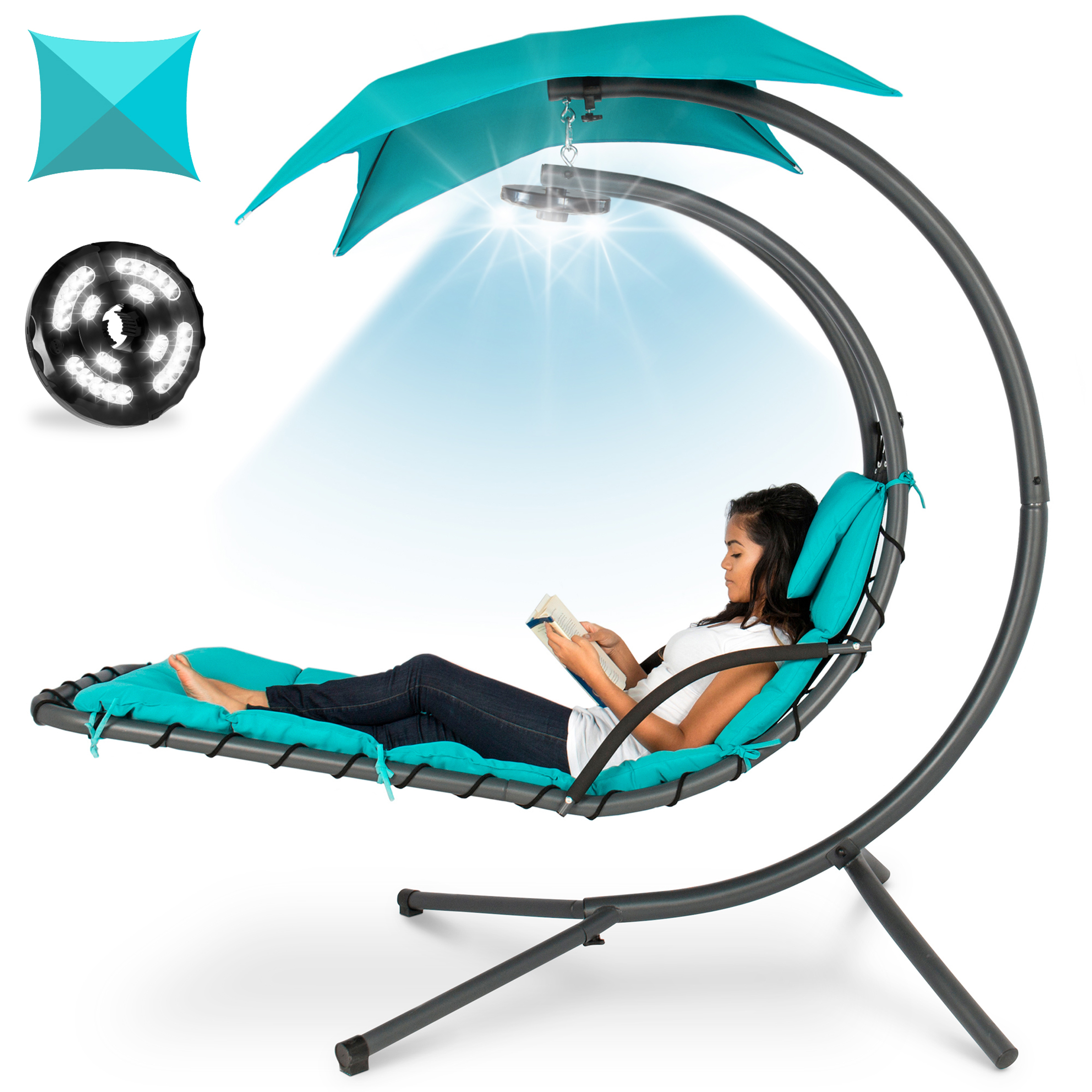 Best Choice Products Hanging LED-Lit Curved Chaise Lounge Chair for Backyard, Patio w/ Pillow, Canopy, Stand - Teal - image 1 of 7