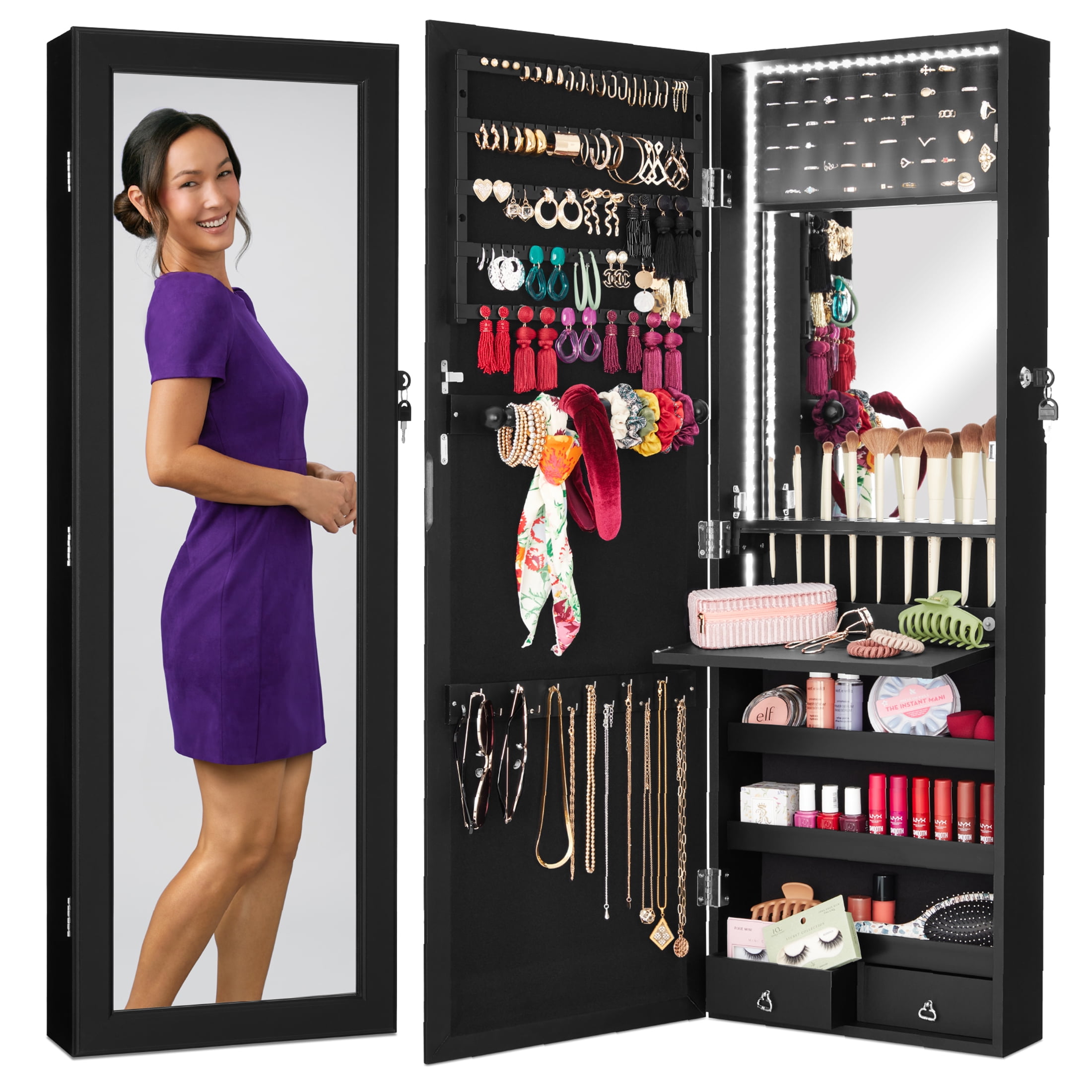 Best Choice Products Full Length Large Storage Jewelry Box Wall or Door Mounted LED Mirror Armoire with Lock Black Walmart