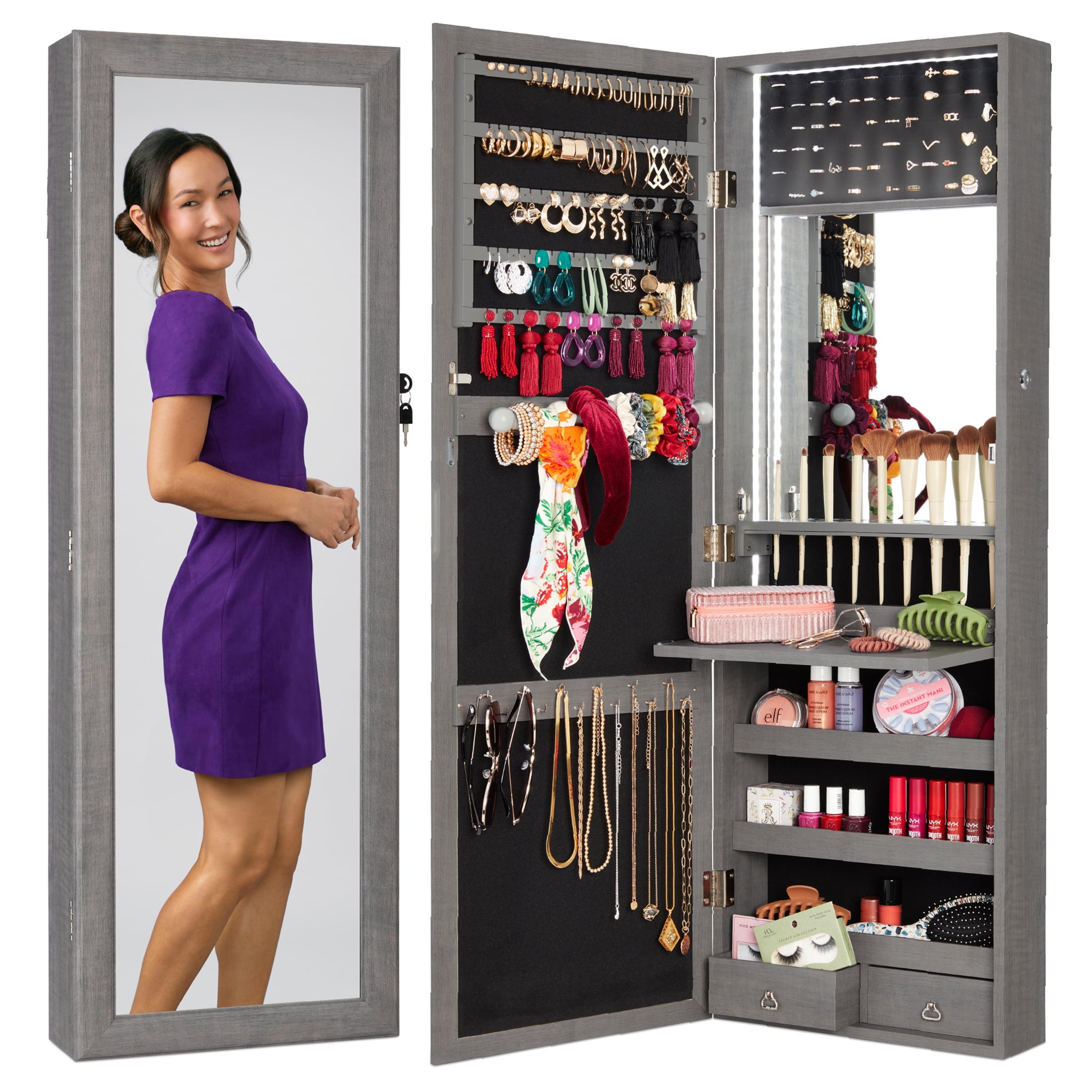 Best Choice Products Hanging Mirror Jewelry Armoire, Door or Wall Mounted w/ LED Lights