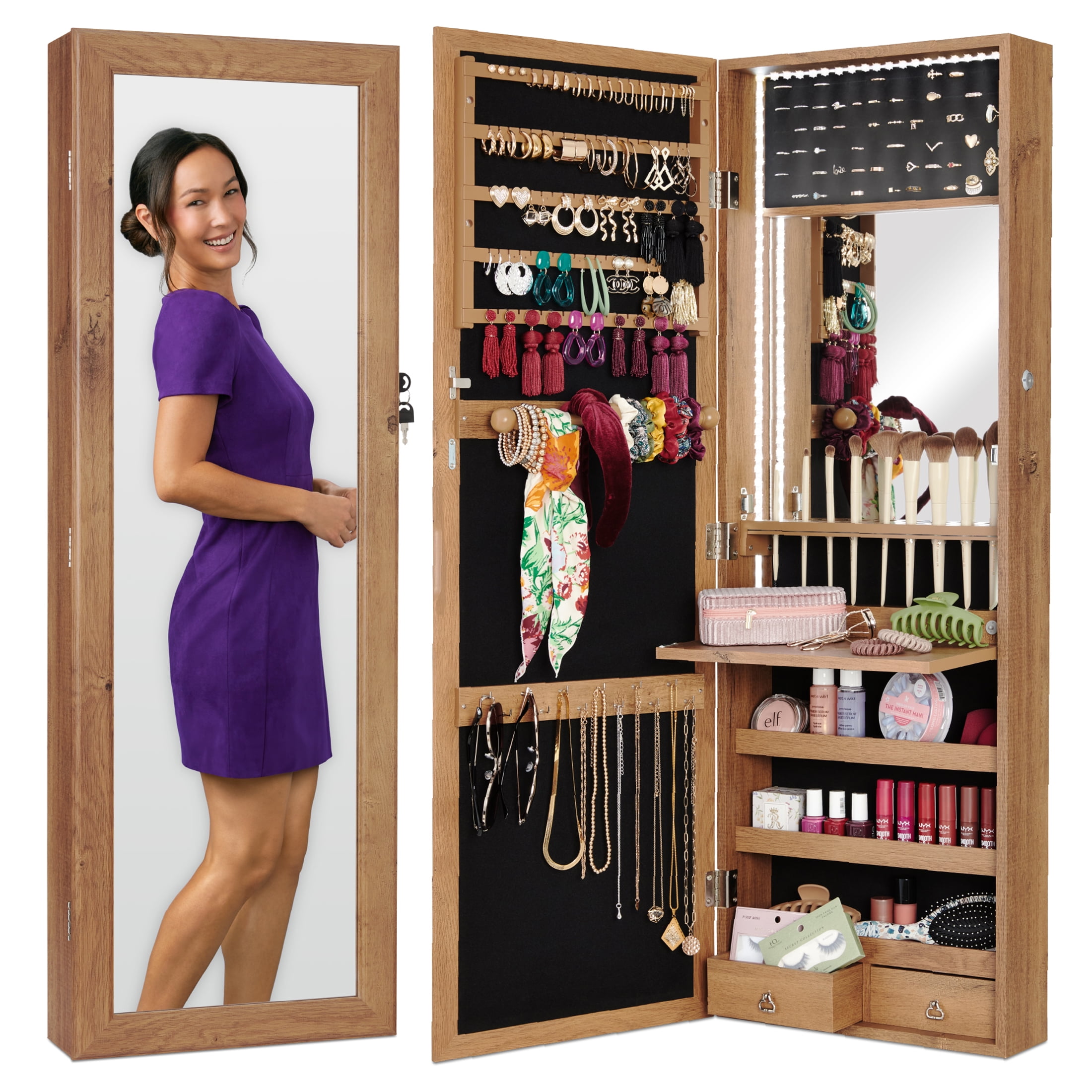 Best Choice Products Hanging Mirror Jewelry Armoire, Door or Wall Mounted w/ LED Lights