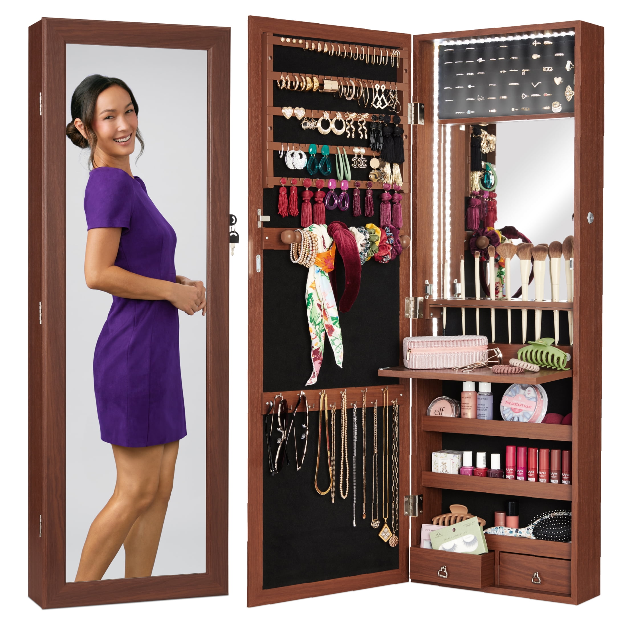Best Choice Products Hanging Mirror Jewelry Armoire Door or Wall Mounted Cabinet w LED Lights Lock Gray Oak