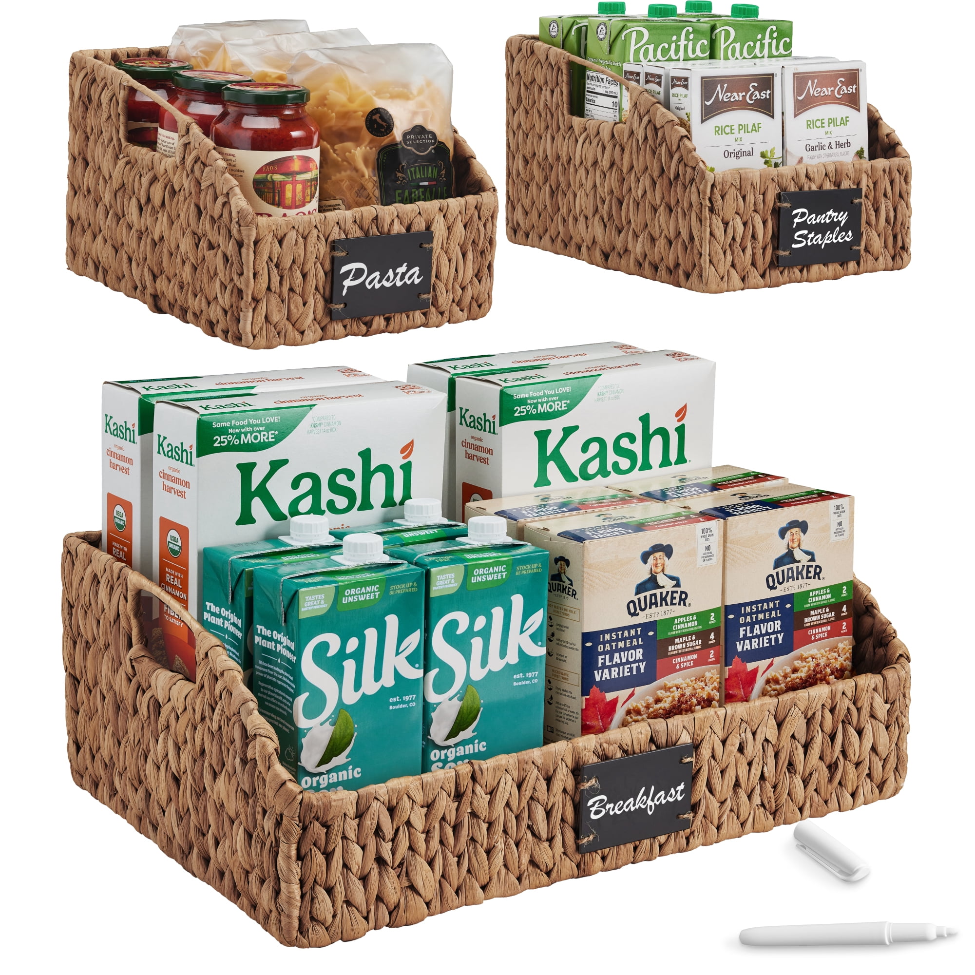 Best Choice Products Water Hyacinth Pantry Storage Baskets, Wicker Baskets w/ Built-in Handles - Chestnut