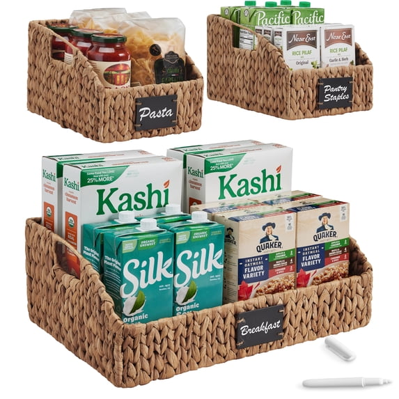 Best Choice Products Hyacinth Angled Pantry Storage Baskets W/ Handles, Chalkboard & Marker (Set of 3) - Chestnut