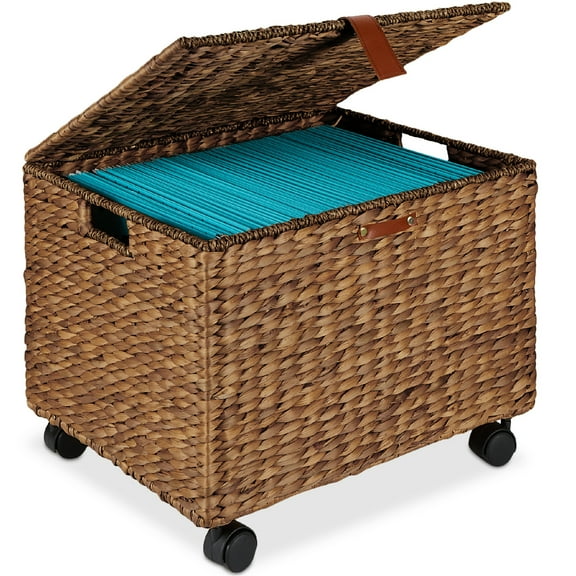 Best Choice Products Hyacinth Rolling Filing Cabinet Mobile Organizer Storage Basket w/ Lid, Locking Wheels - Chestnut