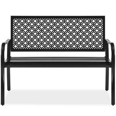 Best Choice Products Indoor Outdoor Steel Garden Bench w/ Geometric Backrest, Foot Levelers - Black