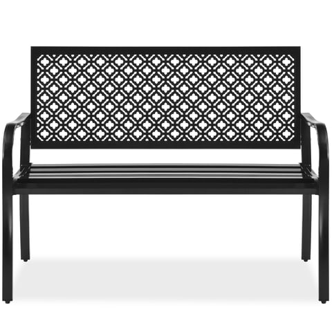 Best Choice Products Indoor Outdoor Steel Garden Bench w/ Geometric Backrest, Foot Levelers - Black