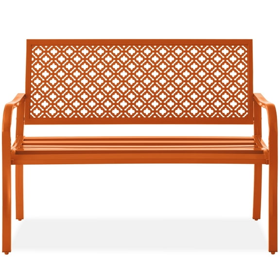 Best Choice Products Indoor Outdoor Steel Garden Bench w/ Geometric Backrest, Foot Levelers - Carrot
