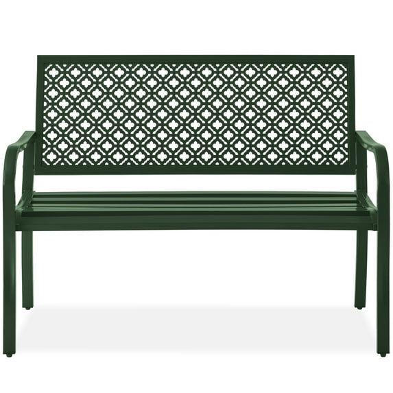 Best Choice Products Indoor Outdoor Steel Garden Bench w/ Geometric Backrest, Foot Levelers - Dark Green