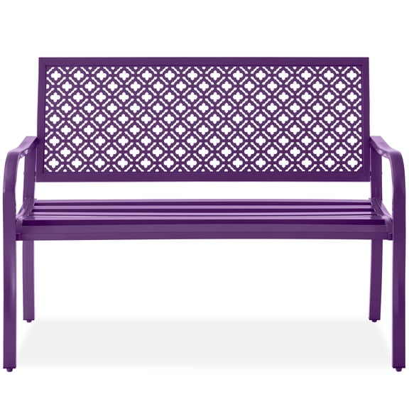 Best Choice Products Indoor Outdoor Steel Garden Bench w/ Geometric Backrest, Foot Levelers - Dark Purple