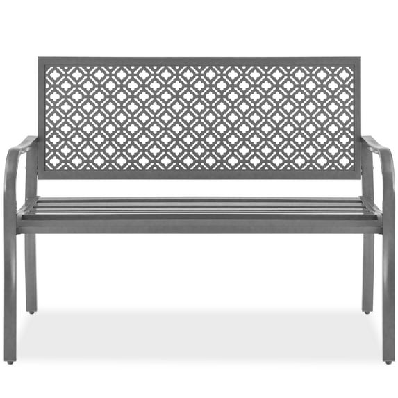 Best Choice Products Indoor Outdoor Steel Garden Bench w/ Geometric Backrest, Foot Levelers - Gray