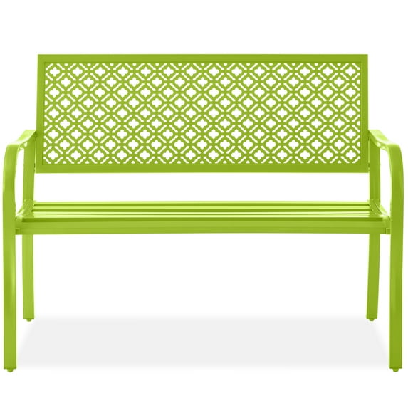 Best Choice Products Indoor Outdoor Steel Garden Bench w/ Geometric Backrest, Foot Levelers - Lime Green