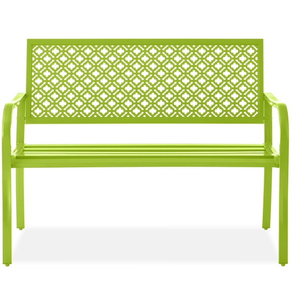 Best Choice Products Indoor Outdoor Steel Garden Bench w/ Geometric Backrest, Foot Levelers - Lime Green