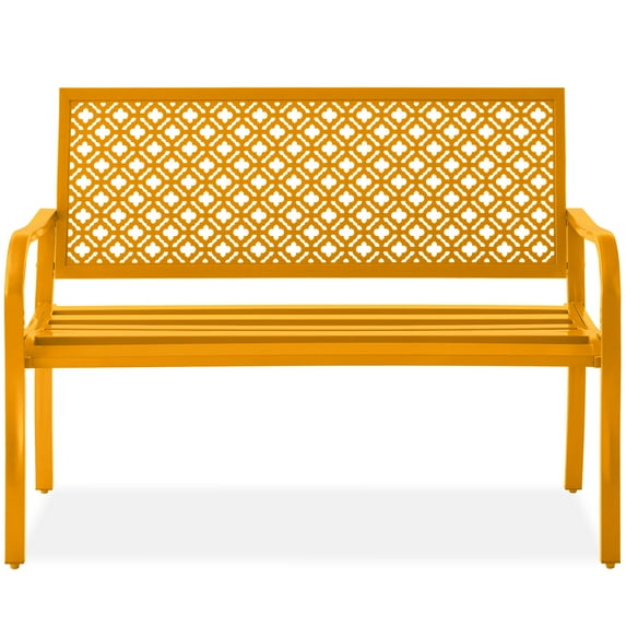 Best Choice Products Indoor Outdoor Steel Garden Bench w/ Geometric Backrest, Foot Levelers - Marigold