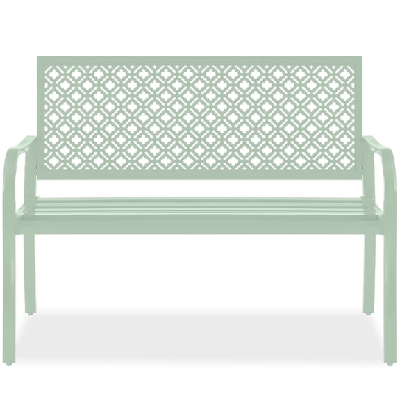 Best Choice Products Indoor Outdoor Steel Garden Bench w/ Geometric Backrest, Foot Levelers - Mint Green