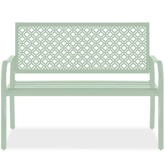 Best Choice Products Indoor Outdoor Steel Garden Bench w/ Geometric Backrest, Foot Levelers - Mint Green