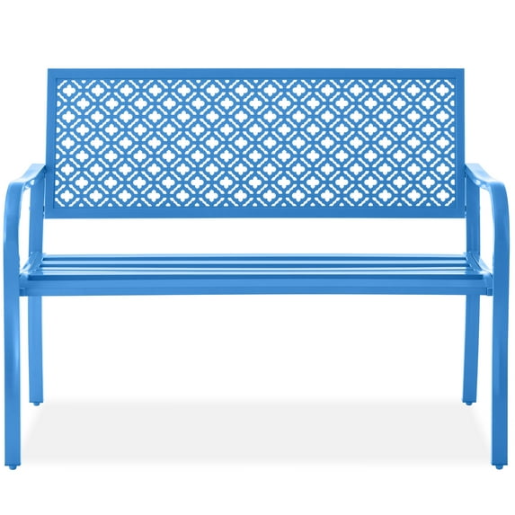 Best Choice Products Indoor Outdoor Steel Garden Bench w/ Geometric Backrest, Foot Levelers - Ocean Blue