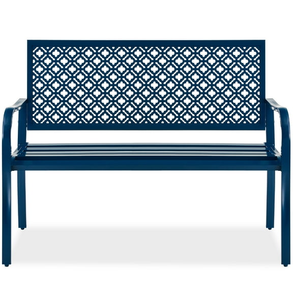 Best Choice Products Indoor Outdoor Steel Garden Bench w/ Geometric Backrest, Foot Levelers - Peacock Blue