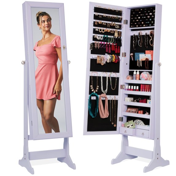 Best Choice Products Jewelry Armoire Cabinet, Full Length Mirror w/ Velvet Storage Interior, Lock - Lavender