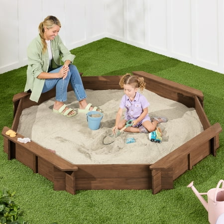 Best Choice Products Kid's Octagonal Wooden Outdoor Sandbox w/ Benches, 8 Seats, Cover, XL Sandpit, Liner - Walnut