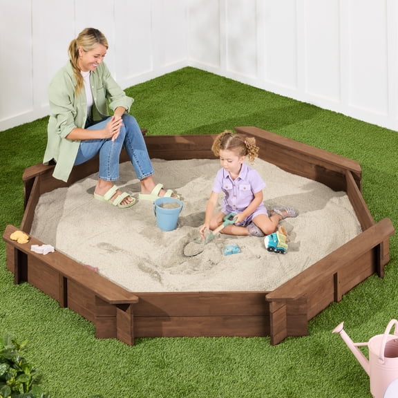 Best Choice Products Kid's Octagonal Wooden Outdoor Sandbox w/ Benches, 8 Seats, Cover, XL Sandpit, Liner - Walnut