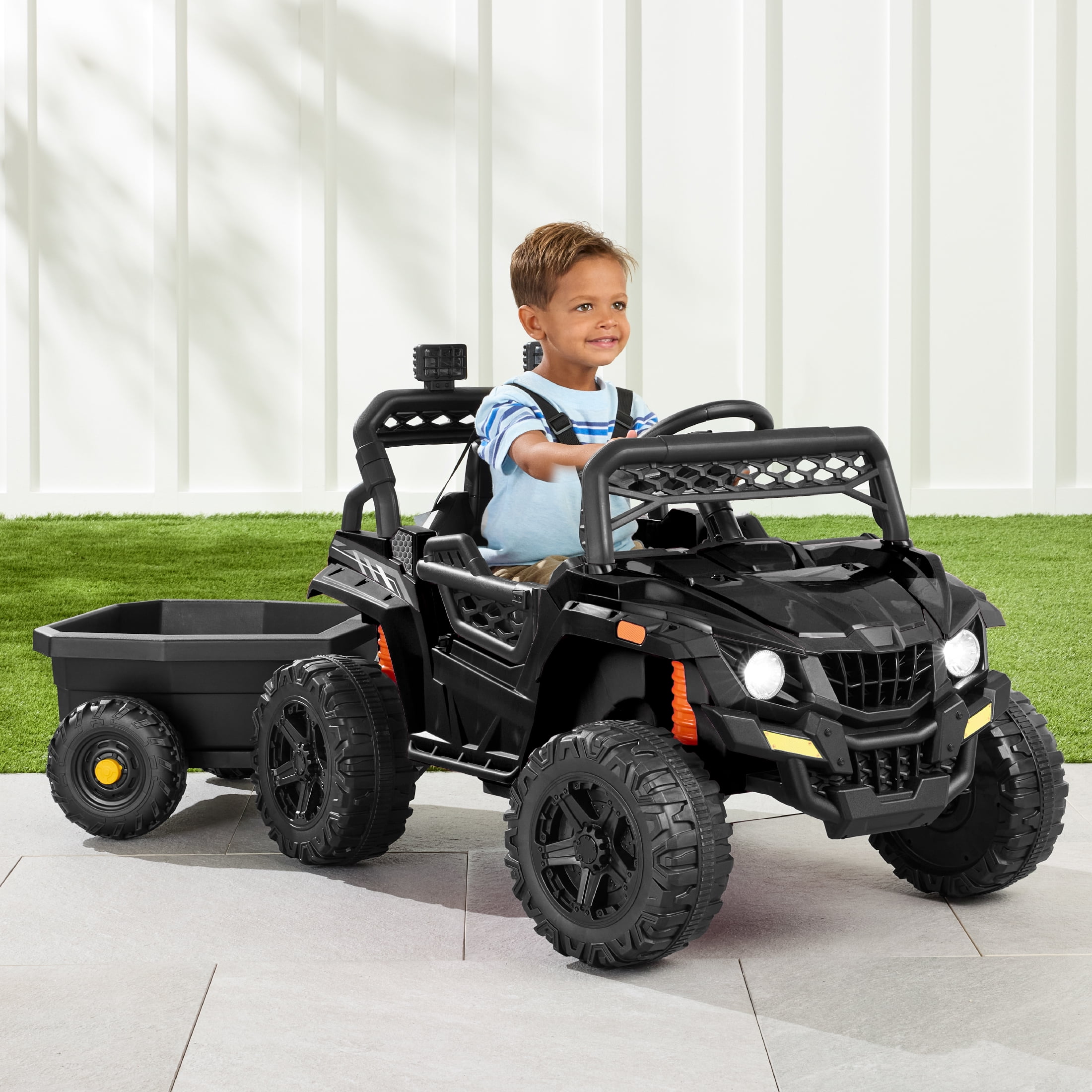 Kids Black 12V Electric Ride-On Car with Trailer and Remote Control