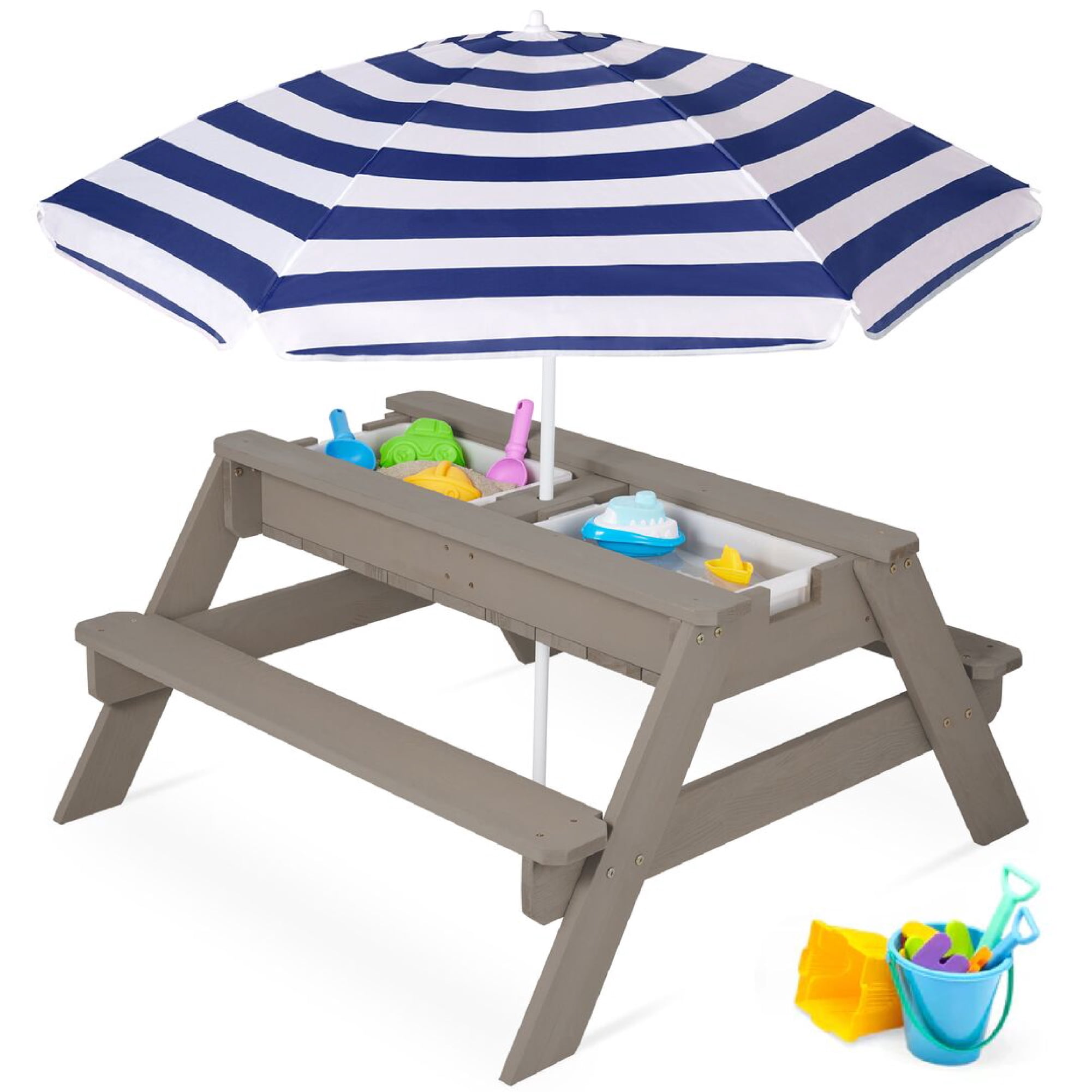 Best Choice Products Kids 3-in-1 Outdoor Sand and Water Activity Picnic Table with Umbrella - Gray/Navy