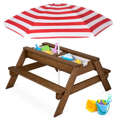 Best Choice Products Kids 3-in-1 Outdoor Sand and Water Activity Picnic Table with Umbrella - Walnut/Red