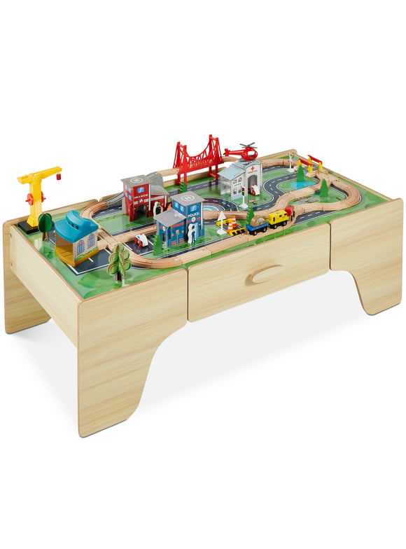 Best Choice Products Kids 35-Piece Train Table, Large Multipurpose Wooden Playset w/ Reversible Table Top - Natural