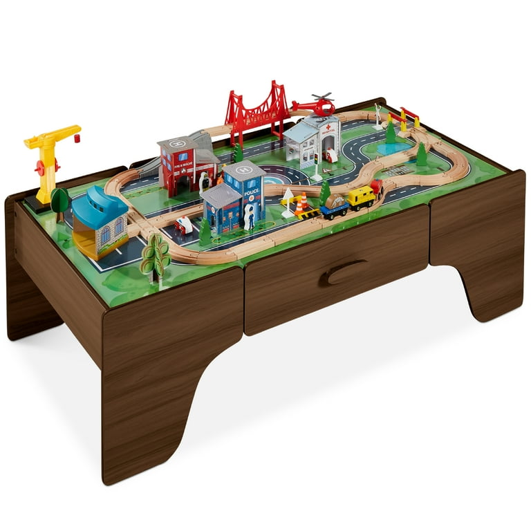 Best Choice Products Kids 35 Piece Train Table Large Multipurpose Wooden Playset w Reversible Table Top Walnut Walmart