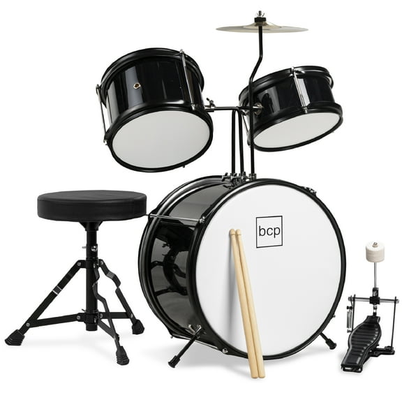 Best Choice Products Kids Beginner 3-Piece Drum, Musical Instrument Set w/ Sticks, Cushioned Stool, Drum Pedal - Black