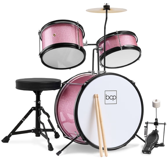 Best Choice Products Kids Beginner 3-Piece Drum, Musical Instrument Set w/ Sticks, Cushioned Stool, Drum Pedal - Pink Sparkle