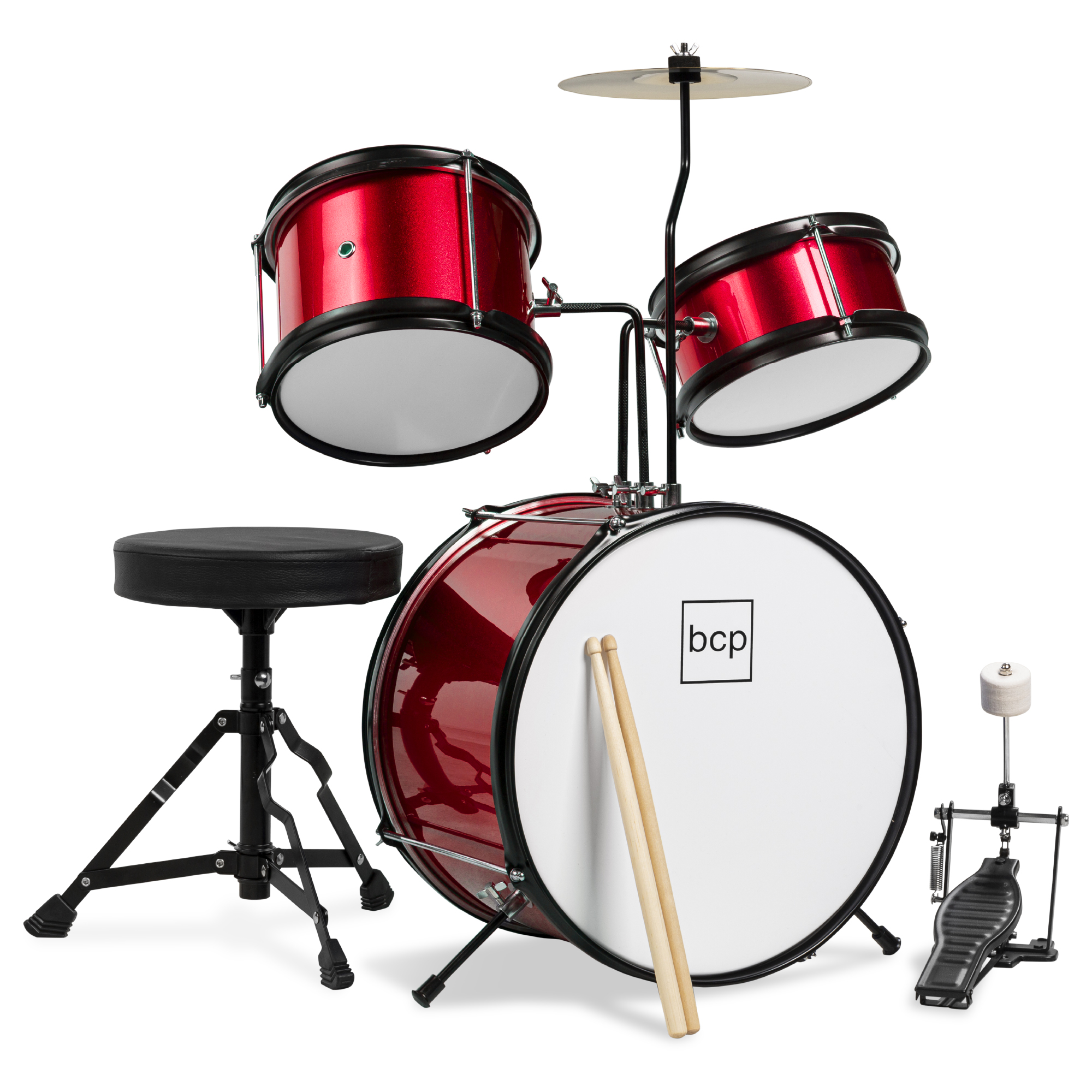 Best Choice Products Kids Beginner 3-Piece Drum, Musical Instrument Set w/ Sticks, Cushioned Stool, Drum Pedal - Red - image 1 of 6