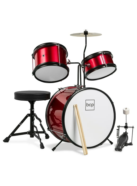 Best Choice Products Kids Beginner 3-Piece Drum, Musical Instrument Set w/ Sticks, Cushioned Stool, Drum Pedal - Red