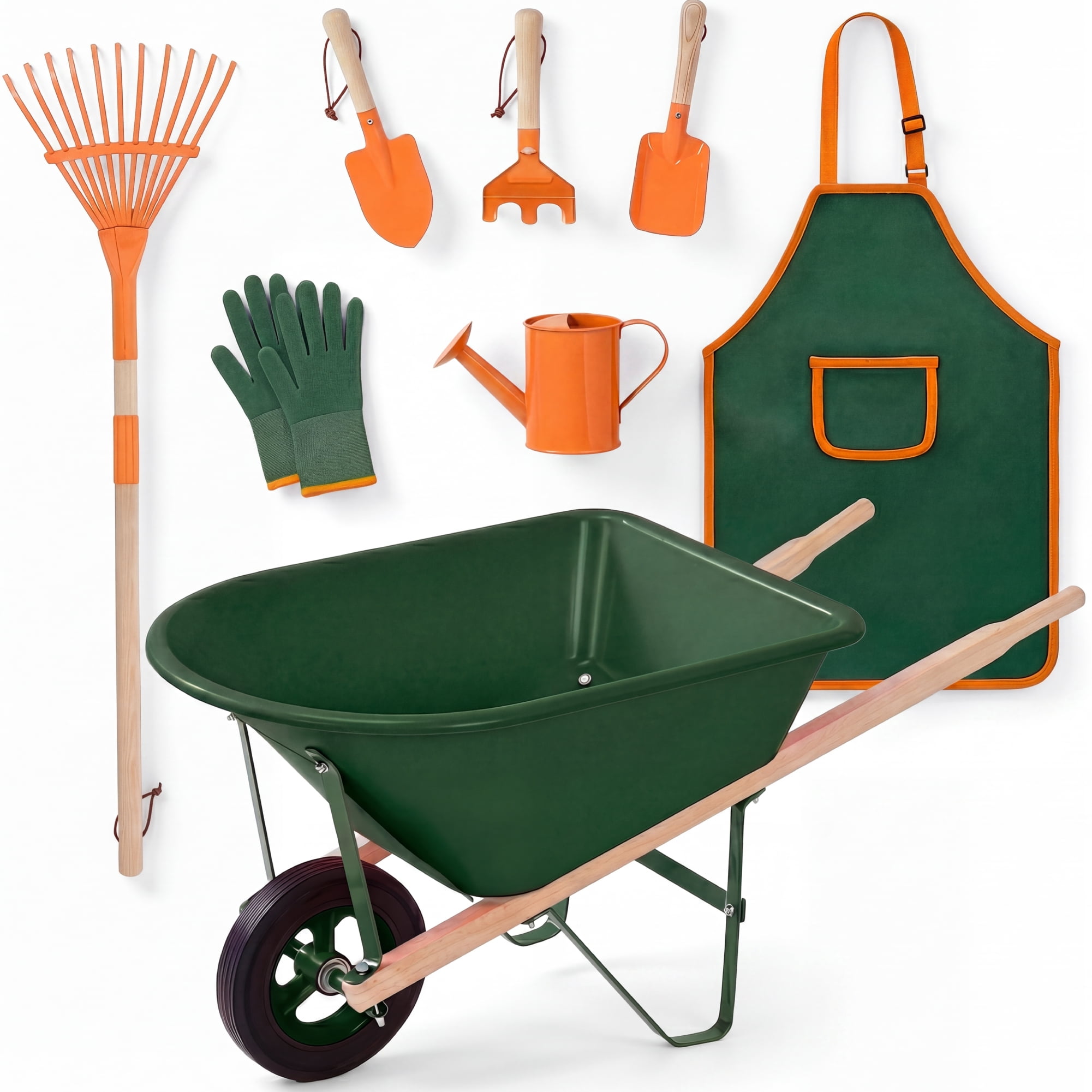 Best Choice Products Kids Wheelbarrow Gardening Tool Set 8 Piece with Metal Tools, Apron, Gloves Ages 3+ - Green/Orange