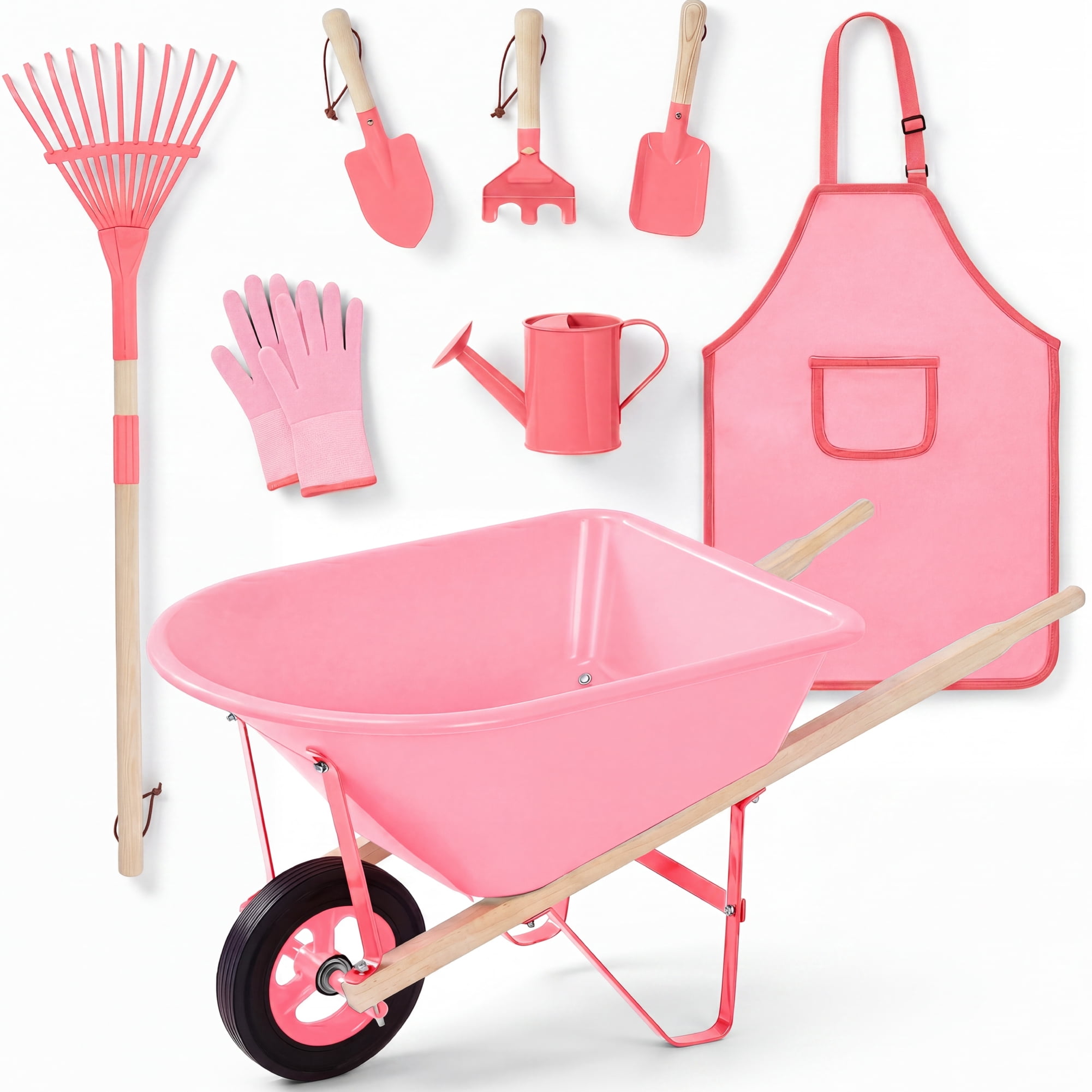 Best Choice Products Kids Wheelbarrow Gardening Tool Set 8 Piece with Metal Tools, Apron, Gloves Ages 3+ - Pink/Pink