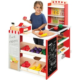 Pretend Play Grocery Store Wooden Supermarket Toy Set for Kids w Play Food Chalkboard Cash Register Working Conveyor Walmart