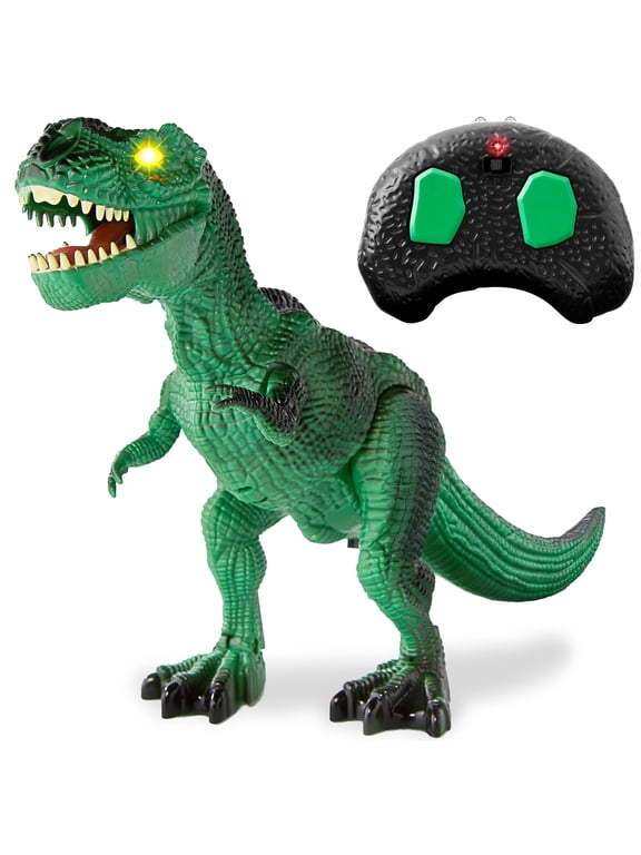 Kids Remote Control Dinosaur Toy, Electronic RC T-Rex w/ Light-Up LED Eyes, Roaring Sounds - Green