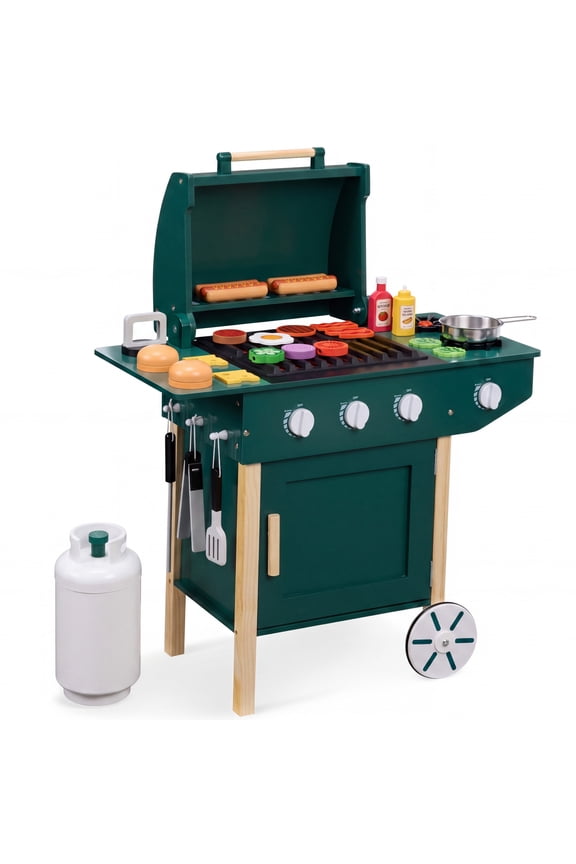 Kids Wooden BBQ Grill Playset with 28 Accessories, Pretend Outdoor Kitchen Toy w/ Storage