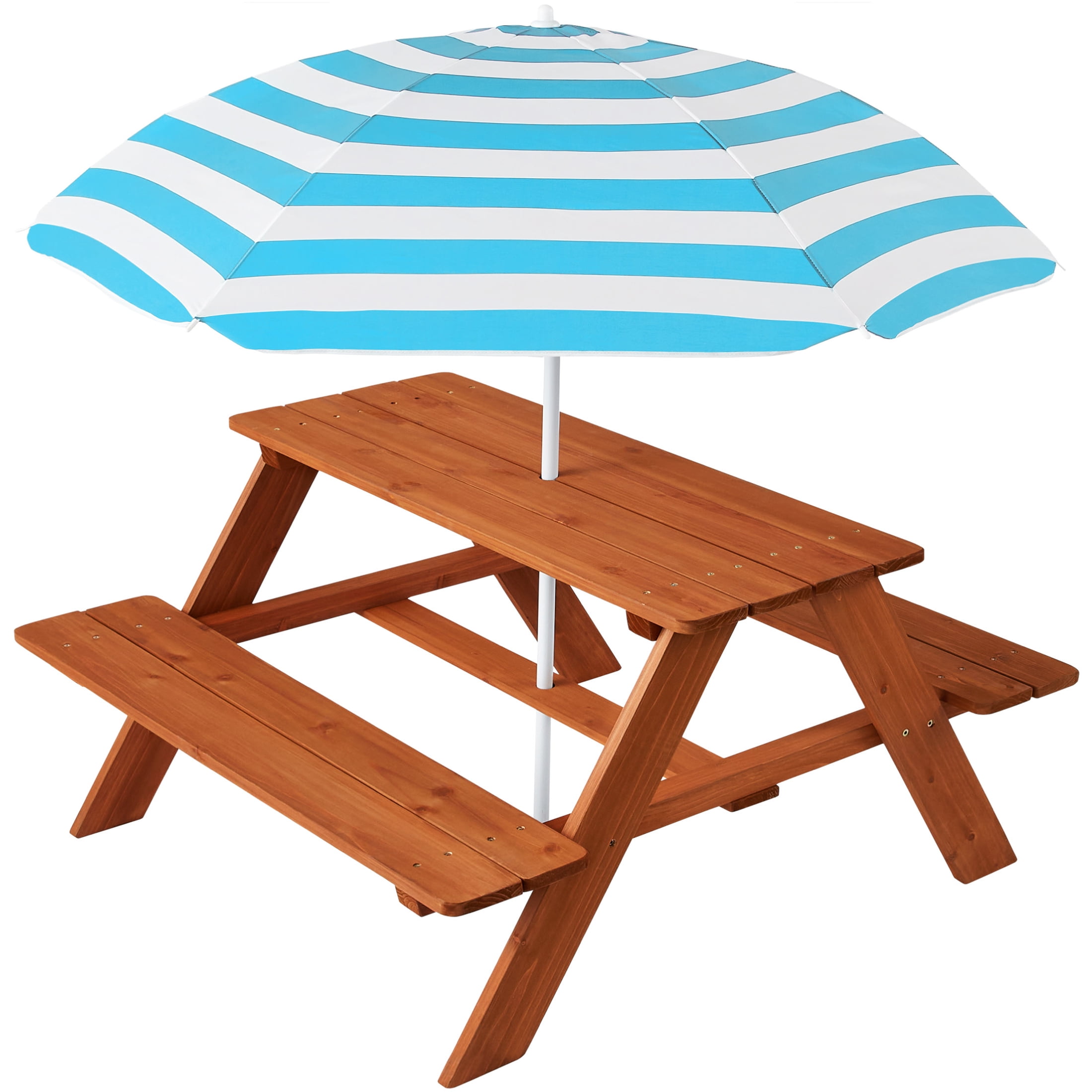 Golden Brown Fir Wood Kids Picnic Table with Aqua Umbrella