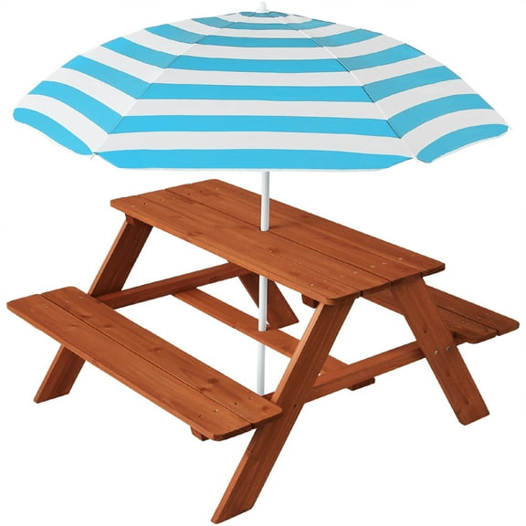 Best Choice Products Kids Wooden Picnic Table, Outdoor Activity Table w/ Adjustable Umbrella, Seats - Golden Brown/Aqua